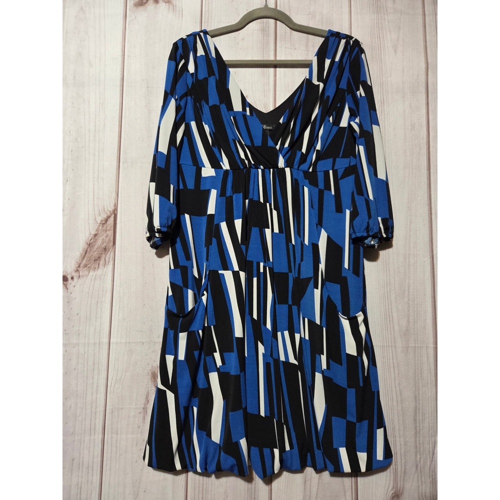 AGB Dress Blue Black White Geometric Abstract Empire Waist Pocket Bubble Hem 10‎